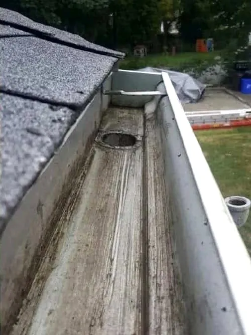Residential gutter run packed with leaf debris, then cleared and flushed — after cleaning
